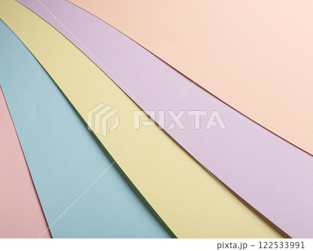 Pastel abstract geometric paper background with striped patterns in pink, blue, yellow, lavender, 122533991