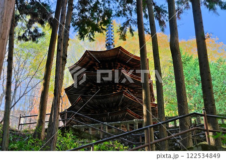 秋の信州別所温泉 安楽寺の八角三重塔 木立に映える 秋の信州別所温泉 安楽寺の八角三重塔 木立に映える 122534849