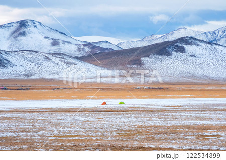 Two tents on the background of high Mongolian mountains. 122534899