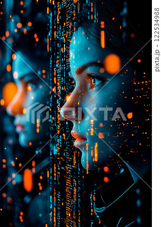 A woman looking out of a window with a futuristic interface in the background A woman looking out of a window with a futuristic interface in the background 122534988