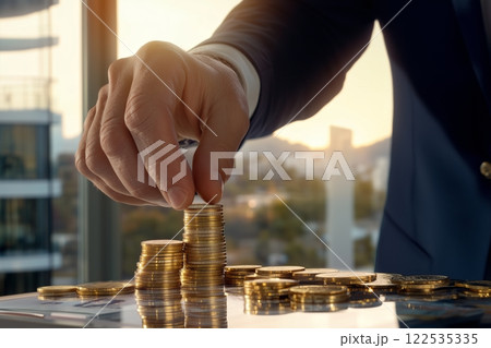 Businessman stacking gold coins on glass desk in office at sunset 122535335