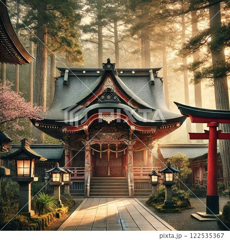 太陽に照らされた神社 122535367