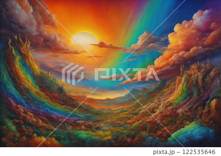Escape to Reality. Abstract arrangement of surreal sunset sunrise colors and textures on the subject of landscape painting, imagination, creativity and art. Created with generative AI tools 122535646