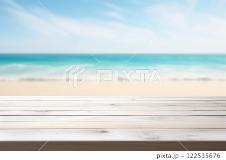 White wood table top on blur beach background, can be used for display or montage your products. Created with generative AI tools 122535676