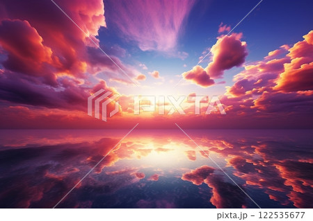 A beautiful sunset over a calm lake, with a sky filled with pink and purple clouds, serene line of horizon. Created with generative AI tools 122535677