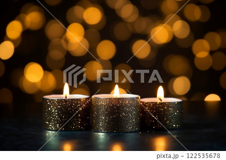 closeup of 3 burning candles on abstract black background, contemplate celebration mood with blurry lights, festive concept with copy space. Created with generative AI tools 122535678