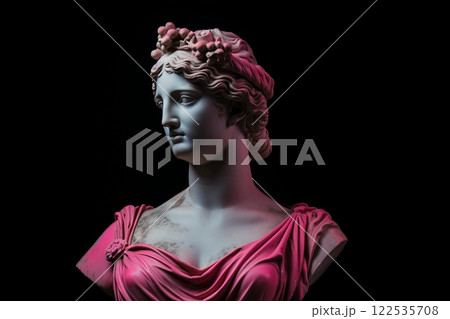 A marble statue of a woman elegantly attired in a dress, set against a striking black background. Created with generative AI tools A marble statue of a woman elegantly attired in a dress, set against a striking black background. Created with generative AI tools 122535708