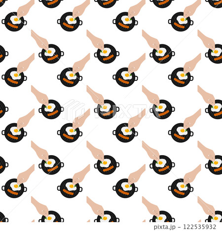 Female hand puts greens on fried egg in grill pan with sausage Seamless Patten Breakfast Background Female hand puts greens on fried egg in grill pan with sausage Seamless Patten Breakfast Background 122535932