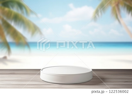 Set against the backdrop of a sandy beach, a blue ocean, and a light blue sky, a weathered wooden table hosts a white circular pedestal. Created with generative AI tools 122536002