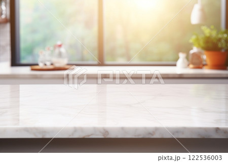 A marble countertop set against a softly blurred kitchen background, serving as an ideal mockup for product displays or design layouts. Created with generative AI tools A marble countertop set against a softly blurred kitchen background, serving as an ideal mockup for product displays or design layouts. Created with generative AI tools 122536003