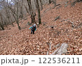 落ち葉で登山道が埋まった山梨県の茅ヶ岳を登る登山者 122536211