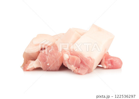 streaky pork piece cube isolated on white background. pile 122536297