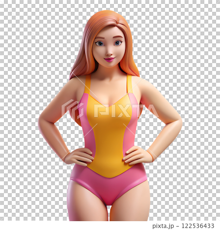 Young woman wearing pink and yellow swimsuit 3d illustration. Summer tive. Summer vacation 122536433