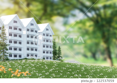Modern style housing model with blurry nature background for copy space 3d render Modern style housing model with blurry nature background for copy space 3d render 122537059