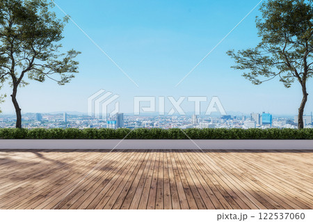 Modern contemporary empty wooden terrace with city view background and clear blue sky for copy space 3d render Modern contemporary empty wooden terrace with city view background and clear blue sky for copy space 3d render 122537060