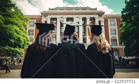 Three university graduates in black graduation attire walking out of their campus building, filled with pride and optimism for their future 122537711