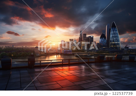 City skyline at sunset is breathtaking, with vibrant clouds and silhouette buildings creating a beautiful view. Urban landscape. Modern architecture. 122537739