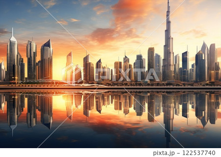 Modern city skyline at sunset with skyscrapers reflecting on calm water, showcasing vibrant urban architecture. 122537740