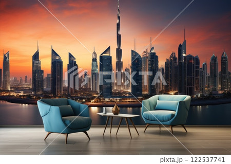 Stunning city skyline views at sunset from a luxurious apartment with a modern armchair and side table 122537741