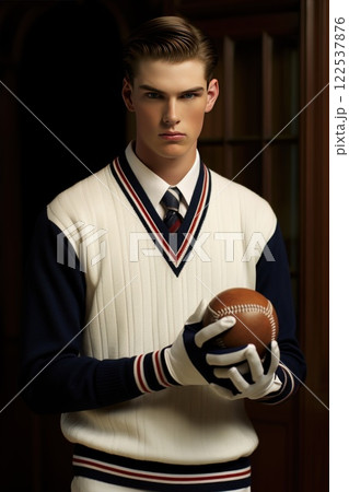 Portrait of a young male baseball player in a vintage red, white, and blue uniform, holding a classic baseball against a dark blue backdrop 122537876