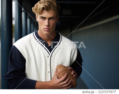 Portrait of a young male baseball player in a vintage white, and blue uniform, wearing a cap, holding a classic baseball against a dark blue backdrop 122537877