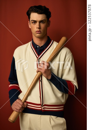 Stylish baseball player in vintage sweater with wooden bat, striking a confident pose against bold red background, blending classic sportswear with contemporary fashion 122537878