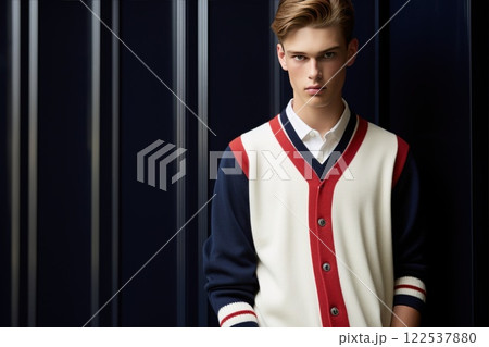 Stylish male model in cream colored knit cardigan with navy and red stripes, styled with a white shirt in front of a dark backdrop 122537880