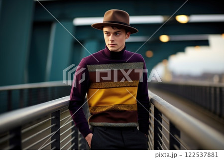 Stylish young man strikes a confident pose on a bridge, exuding urban cool in contemporary fashion 122537881