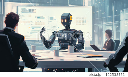Futuristic robot engaging in business meeting with professionals in modern office setting, highlighting ai integration and technological innovation 122538531