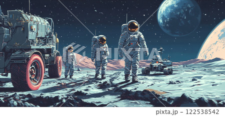 Astronauts exploring lunar surface with rover and earth in background under stunning starry sky 122538542