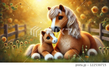 夕陽に照らされた牧場の馬の親子ぬいぐるみと温かな風景 夕陽に照らされた牧場の馬の親子ぬいぐるみと温かな風景 122538715