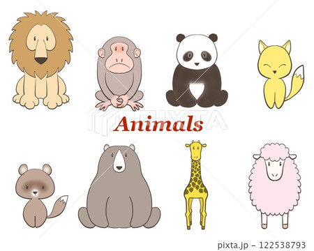 かわいい動物たちの手描きイラストのセットのイラスト素材 [122538793