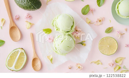 Delicate avocado lime ice cream served on parchment with organic elements and pastel accents Delicate avocado lime ice cream served on parchment with organic elements and pastel accents 122538822