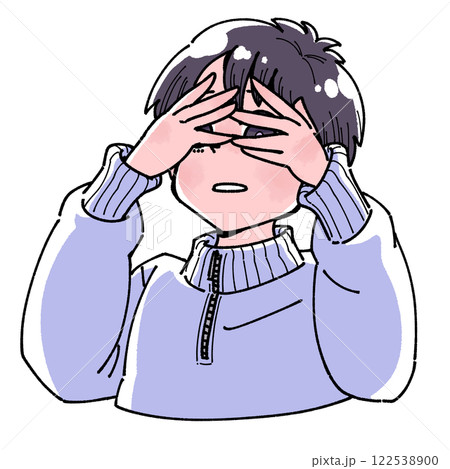 手で目を覆うが隙間から覗いてしまう男の子のイラスト 122538900
