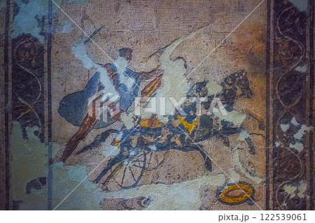 Naples, Italy - November 18, 2024: Fragment of historical ancient Roman mosaic circa 100 BC . Archaeological artifact from an excavated house in the buried volcano Vesuvius, Pompeii. 122539061