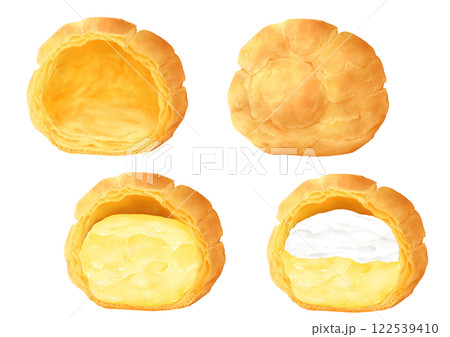 シュークリーム　中身　断面　カスタードクリーム　生クリーム 122539410