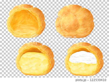 シュークリーム　中身　断面　カスタードクリーム　生クリーム 122539410