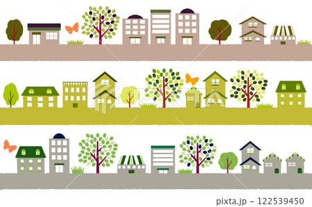 緑の街 緑の住宅街 街のイラスト素材 横長ライン 122539450
