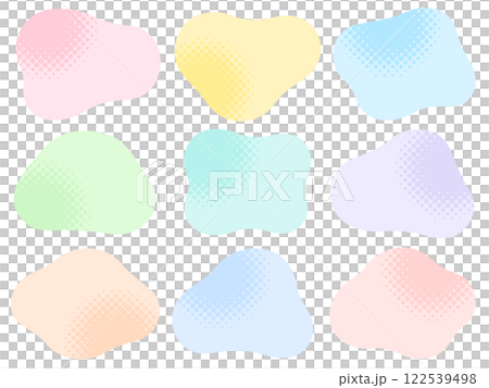 カラフルなドットグラデーションの円の飾り付きの不定形フレームセット カラフルなドットグラデーションの円の飾り付きの不定形フレームセット 122539498