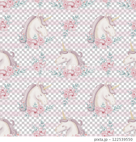 Seamless watercolor Pattern with Unicorns surrounded by pink Flowers on a striped pastel background. Childish backdrop with floral horse and botanical elements for children textile designs or wall art Seamless watercolor Pattern with Unicorns surrounded by pink Flowers on a striped pastel background. Childish backdrop with floral horse and botanical elements for children textile designs or wall art 122539550