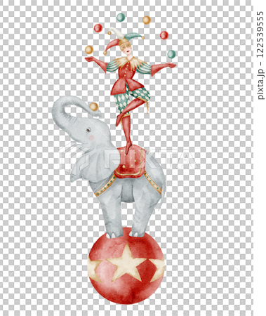 Circus watercolor illustration with Clown juggling on Elephant standing on red ball with stars. Drawing with Jester and cute Carnival animal for Performance poster or childish party invitations. 122539555