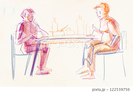 hand-drawn sketch of two people eating at table hand-drawn sketch of two people eating at table 122539750