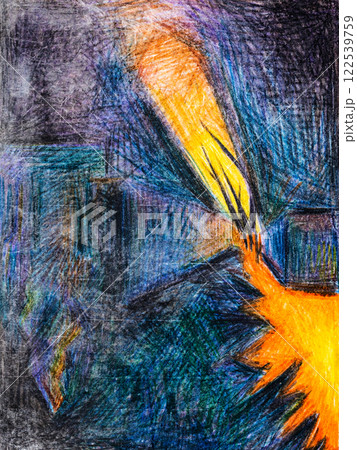 handdrawn bright sunset light between urban houses 122539759