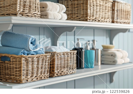 Organized bathroom shelves display neatly folded towels and decorative storage baskets in a serene, light blue space Organized bathroom shelves display neatly folded towels and decorative storage baskets in a serene, light blue space 122539826