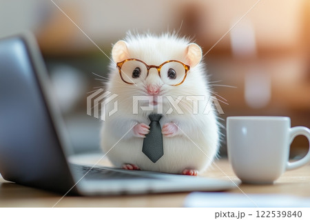 Hamster in glasses and tie working at laptop with coffee cup in cozy setting during the day Hamster in glasses and tie working at laptop with coffee cup in cozy setting during the day 122539840