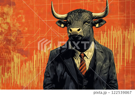 Bull in business suit symbolizes market strength and confidence during rising economic phase 122539867