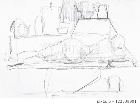 hand-drawn back of female model lying on table 122539901