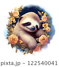 Watercolor Illustration of a sleeping sloth delicate pastel flowers starry night sky. 122540041
