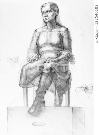 hand-drawn dressed female model sitting on stool hand-drawn dressed female model sitting on stool 122540108