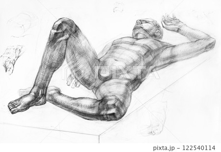 hand-drawn male model lying on his back on podium hand-drawn male model lying on his back on podium 122540114
